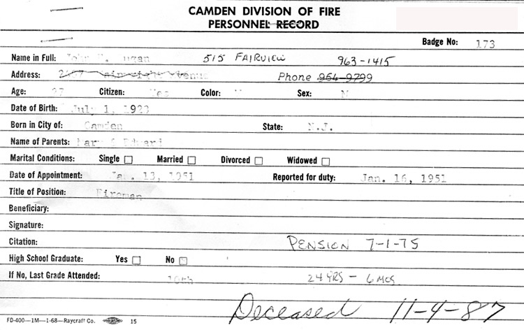 John F. Dugan, Camden Fire Department record card