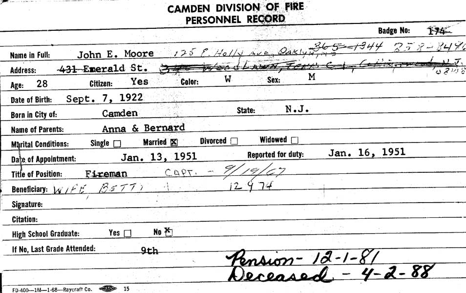 Camden Division of Fire Personnel Record — John E. Moore