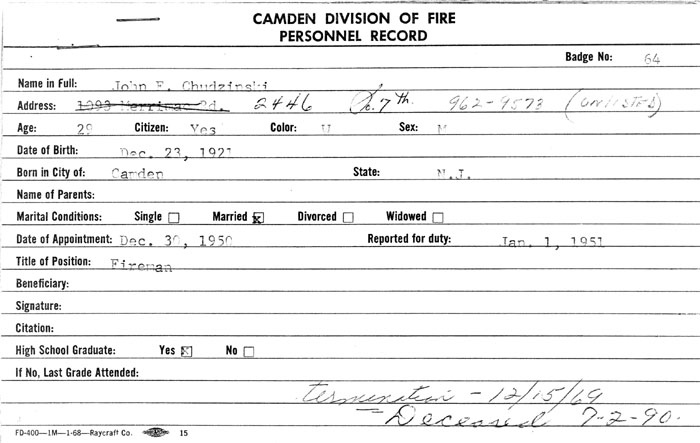 Camden Division of Fire Personnel Record — John F. Chudzinski