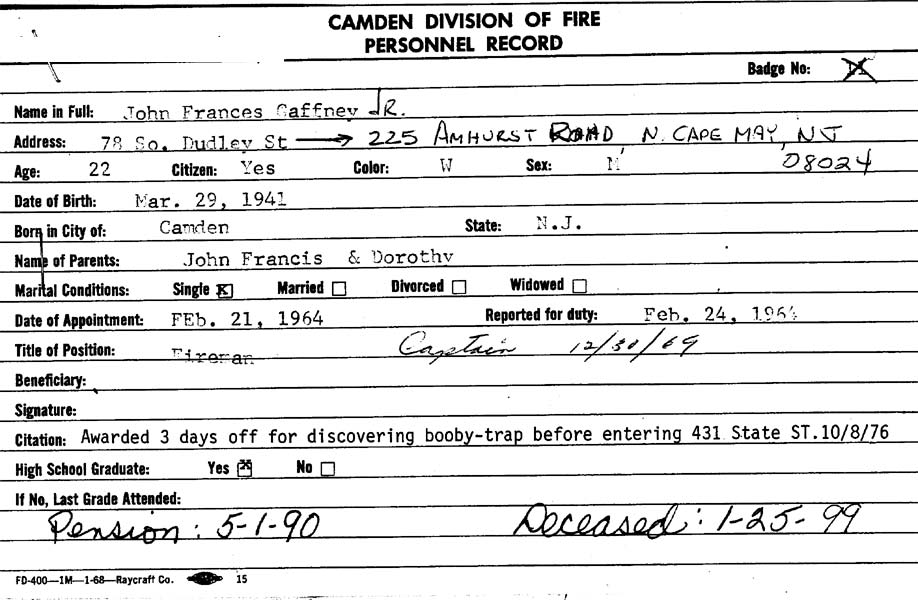 Camden Division of Fire Personnel Record for John F. Gaffney Jr.