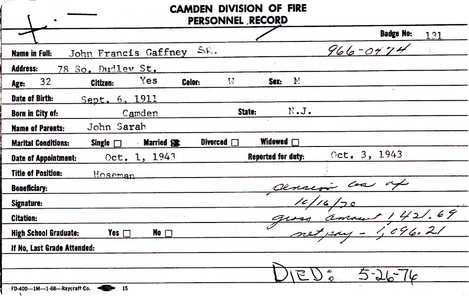 John Francis Gaffney Sr. — Camden Fire Department personnel card