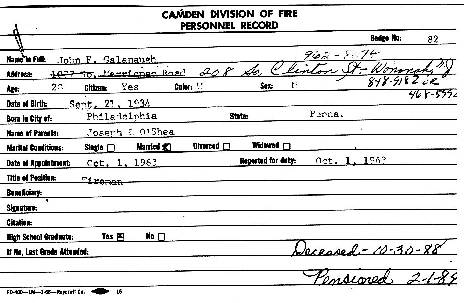 Fire Department record card for John F. Galanaugh