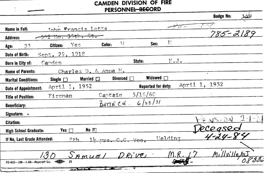 John F. Letts fire department record card