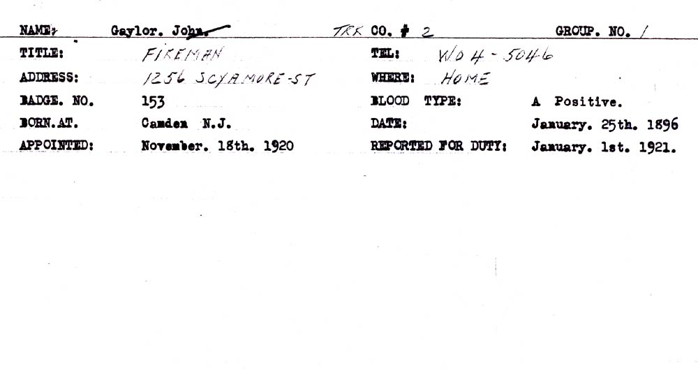 Camden Fire Department personnel card for John Gaylor