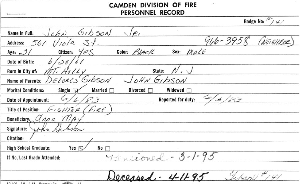 John Gibson Jr. fire department personnel card