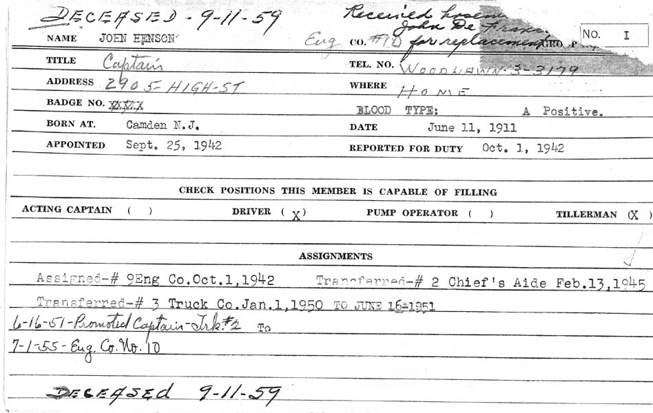 Camden Fire Department personnel card for John Henson
