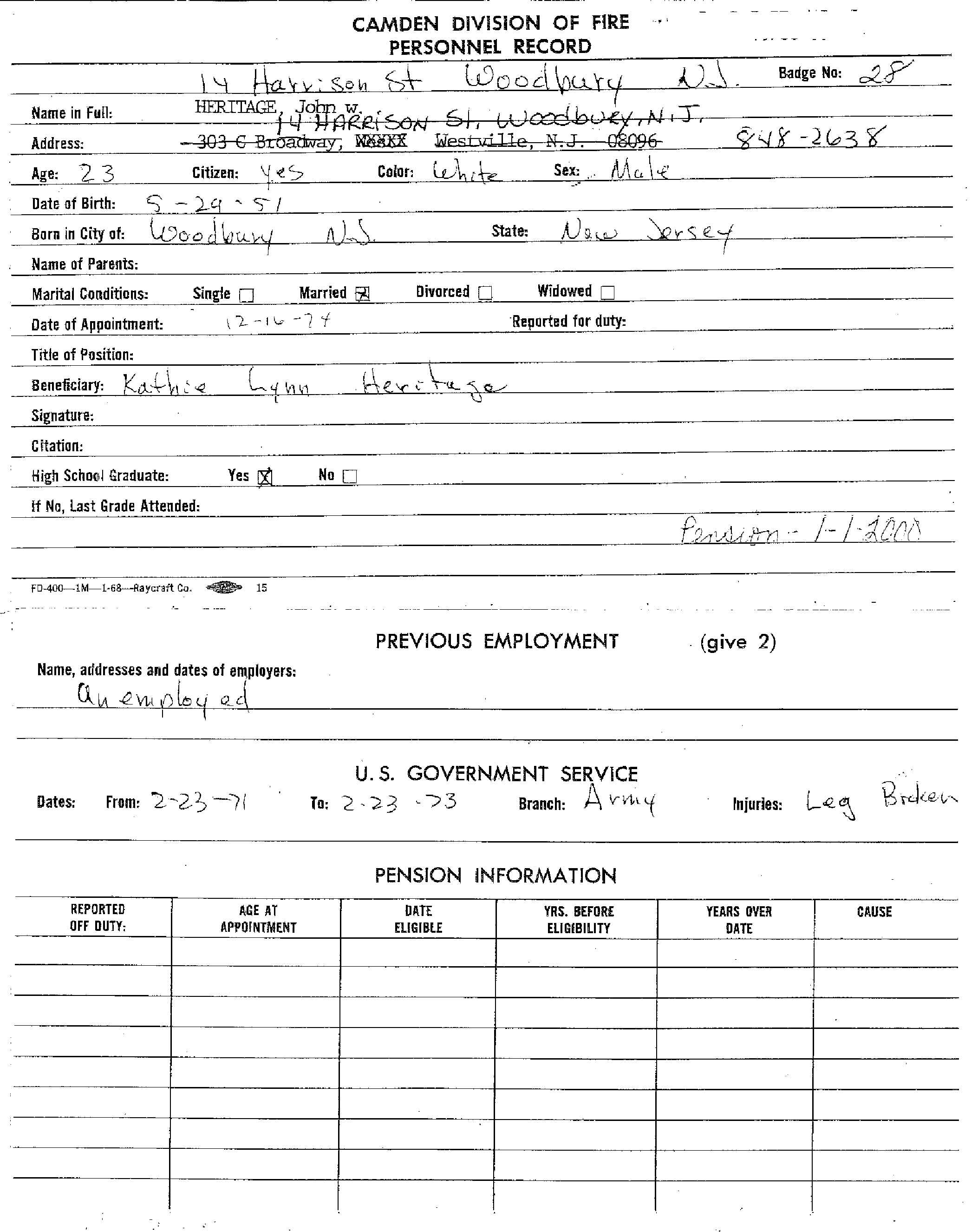John W. Heritage Camden Fire Department Personnel Record, page 1