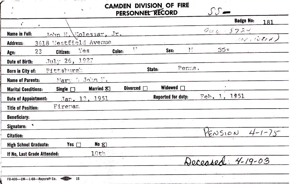 John H. Kolessar Jr. fire department personnel card