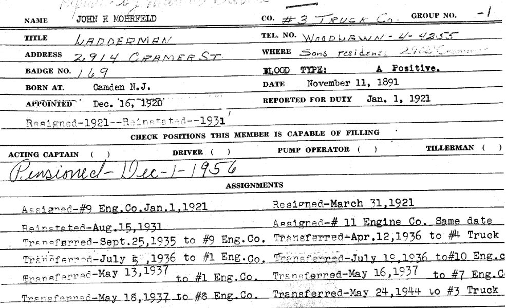 John H. Mohrfeld Jr. Camden Fire Department record card