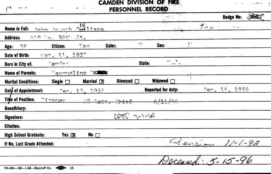 Camden Division of Fire Personnel Record — John Joseph Giuliano