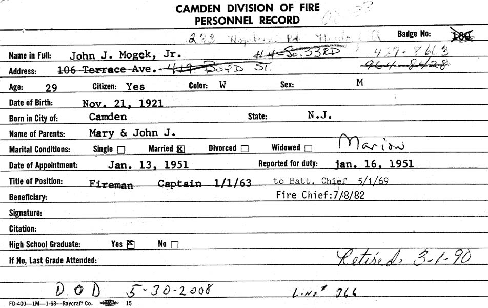 Fire card for John J. Mogck Jr., Chief of the Camden Fire Department