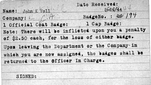 John K. Voll — Camden Fire Department Badge Receipt Card, 1944