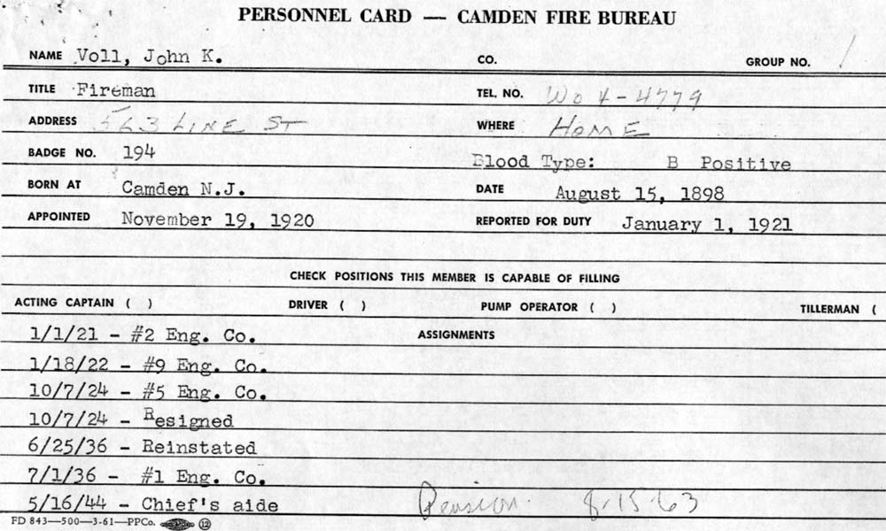 John K. Voll — Camden Fire Bureau Personnel Card (front)