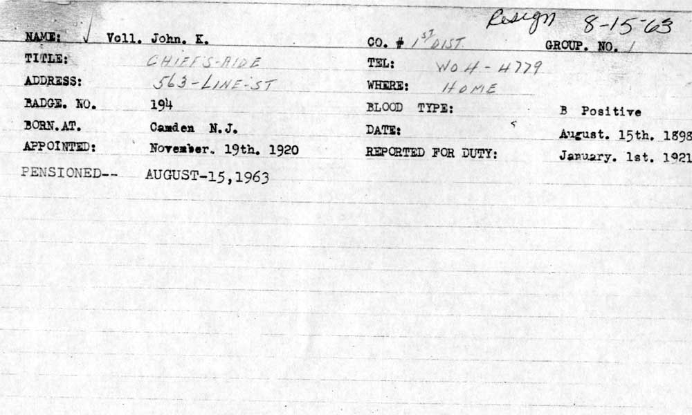John K. Voll — Camden Fire Bureau Personnel Card (reverse)