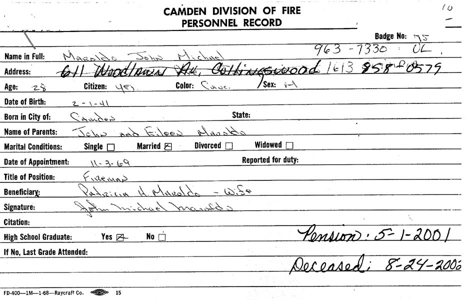 Camden Division of Fire Personnel Record for John Michael Maroldo, Badge No. 75, appointed November 3, 1969