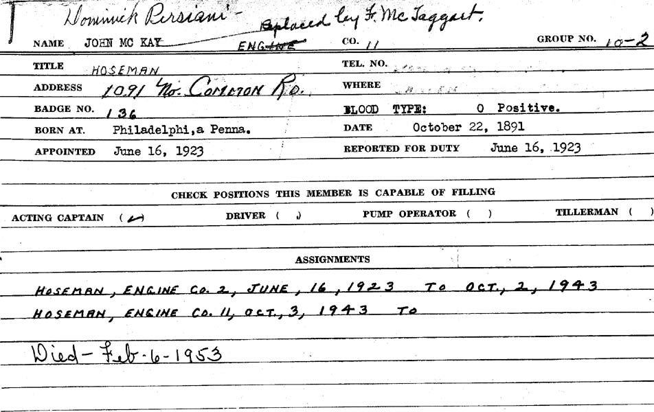 Camden Division of Fire personnel record for John McKay, showing appointment June 16, 1923; hoseman Engine Co. 2 through October 1943, then Engine Co. 11; died February 6, 1953