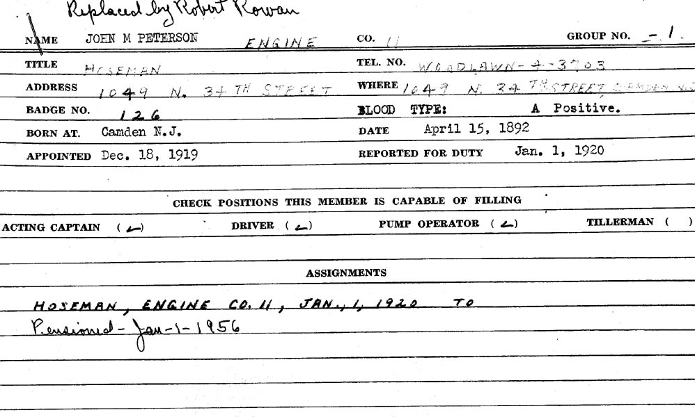 Camden Fire Department record card for John M. Peterson