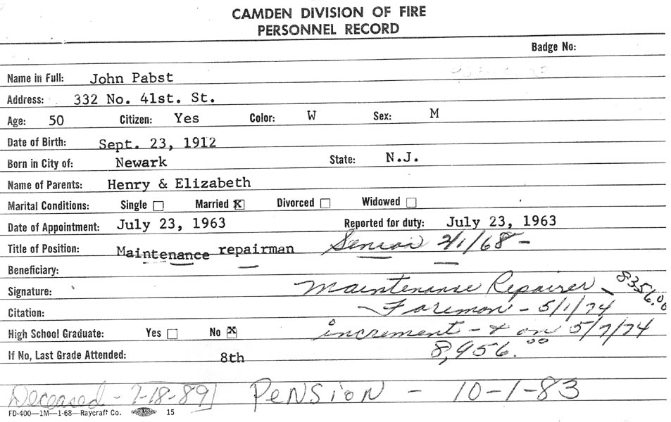 Camden Fire Department service card for John Pabst