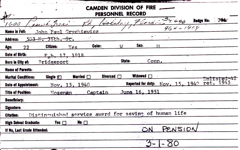John P. Gryckiewicz Camden Fire Department record card, side 2