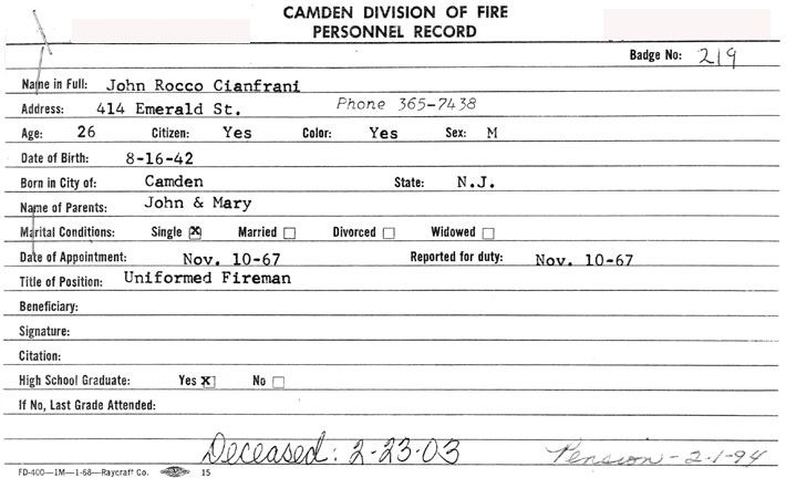 Camden Division of Fire Personnel Record — John Rocco Cianfrani, Badge No. 219