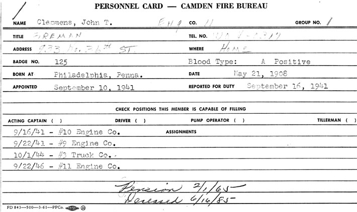 Camden Fire Department personnel card for John T. Clemmens