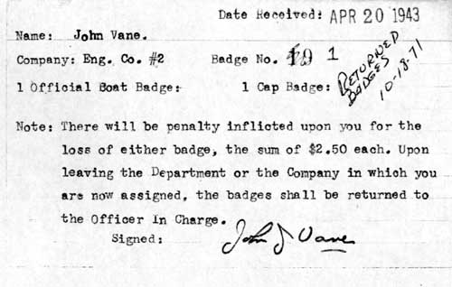 Badge assignment card for John J. Vane, Camden Fire Department, Engine Company 2, 1943