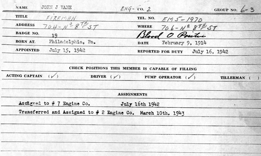 Personnel card for John J. Vane, Camden Fire Department, Engine Company 2