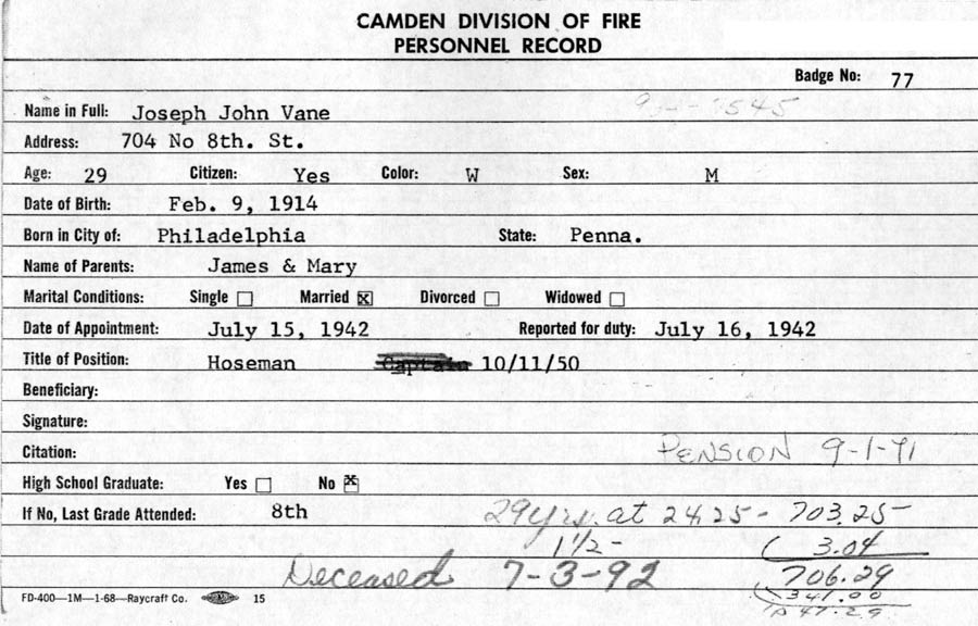 Camden Division of Fire personnel record for John J. Vane, badge 77