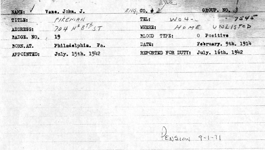 Personnel card for John J. Vane, Engine Company 2, badge 19