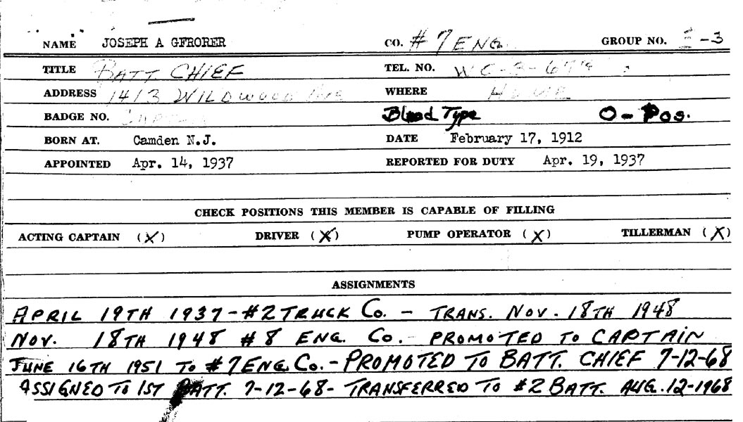 Camden Fire Department record card for Joseph A. Gfrorer