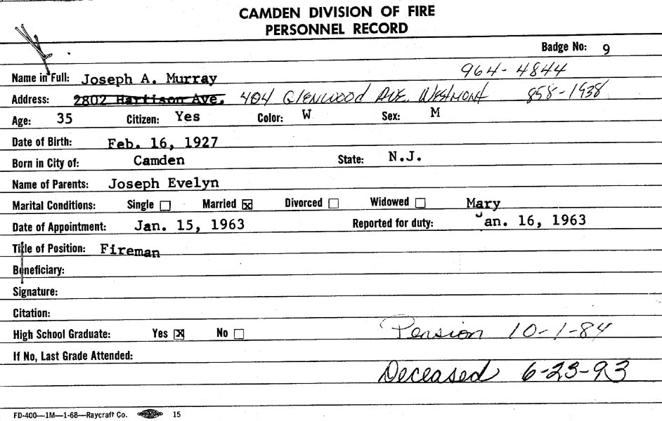 Camden Fire Department service record card for Joseph A. Murray