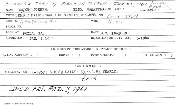 Joseph P. Boone Camden Fire Department Personnel Record