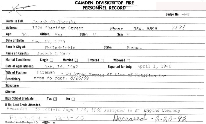 Camden Fire Department Personnel Record — Joseph Chelhowski