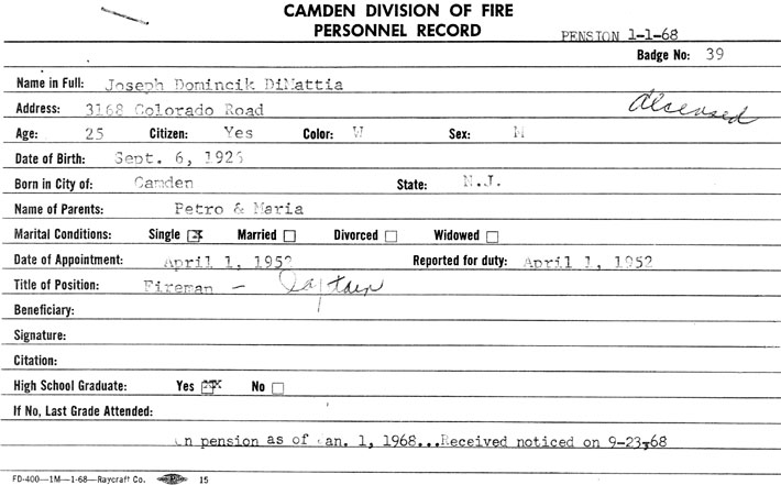 Camden Fire Department personnel record card for Joseph D. DiMattia