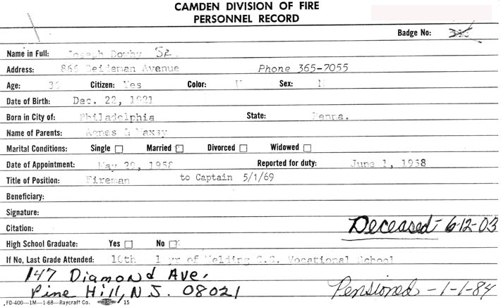 Camden Division of Fire Personnel Record — Joseph Dowhy Sr.