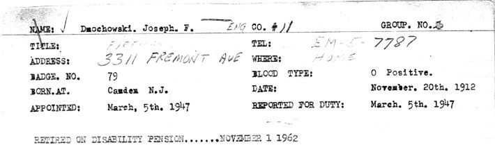 Camden Fire Department personnel record for Joseph F. Dmochowski