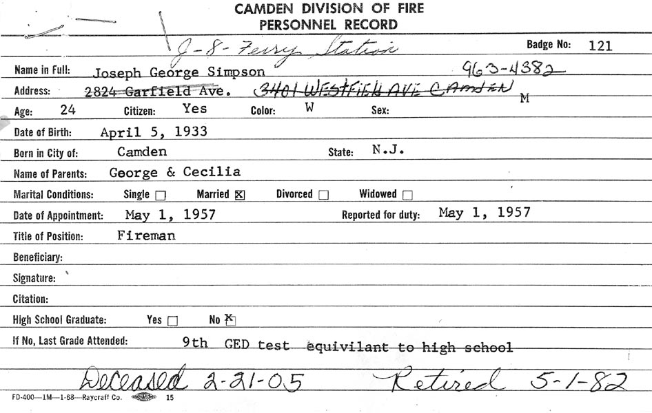 Joseph G. Simpson fire department record card