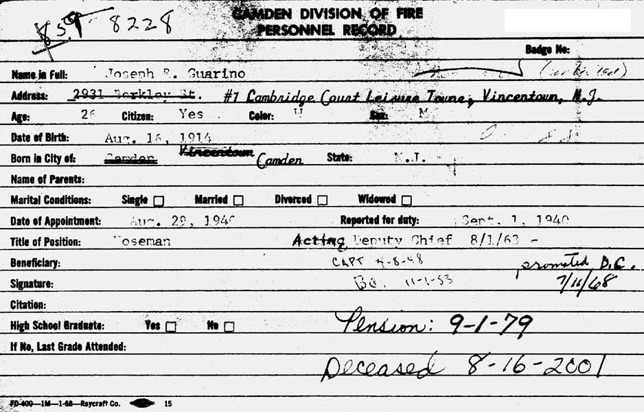 Joseph Guarino fire department service record card