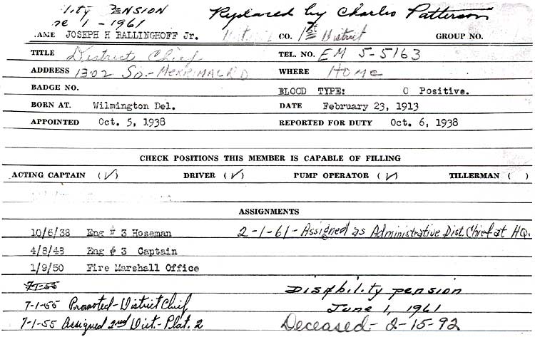 Joseph H. Ballinghoff Jr., Camden Fire Department service record card