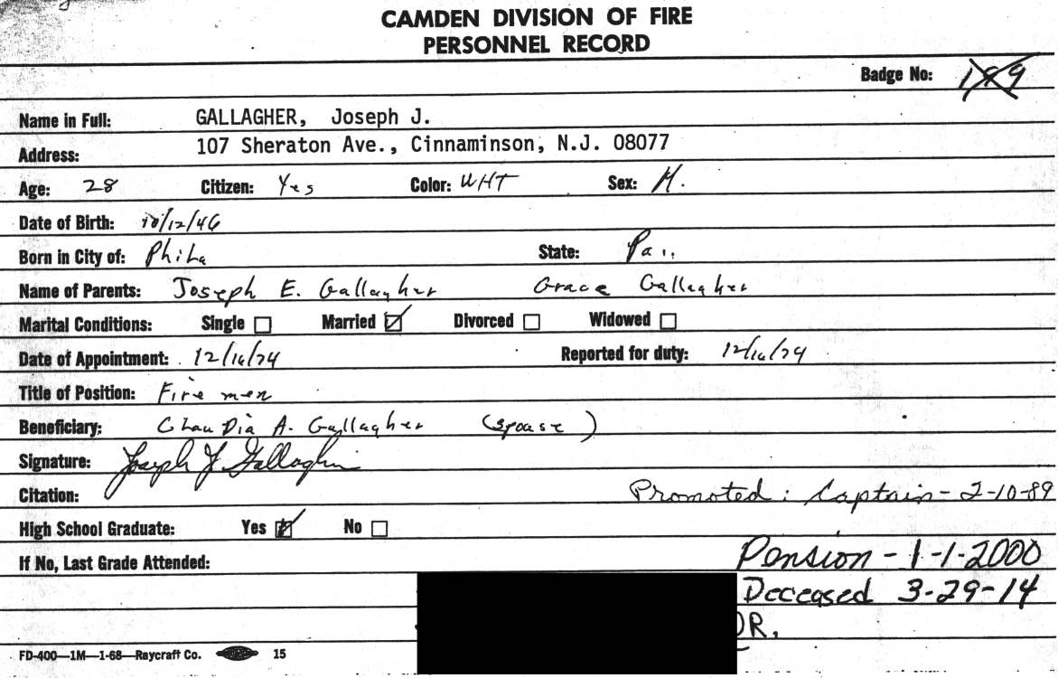 Joseph J. Gallagher fire department identification card