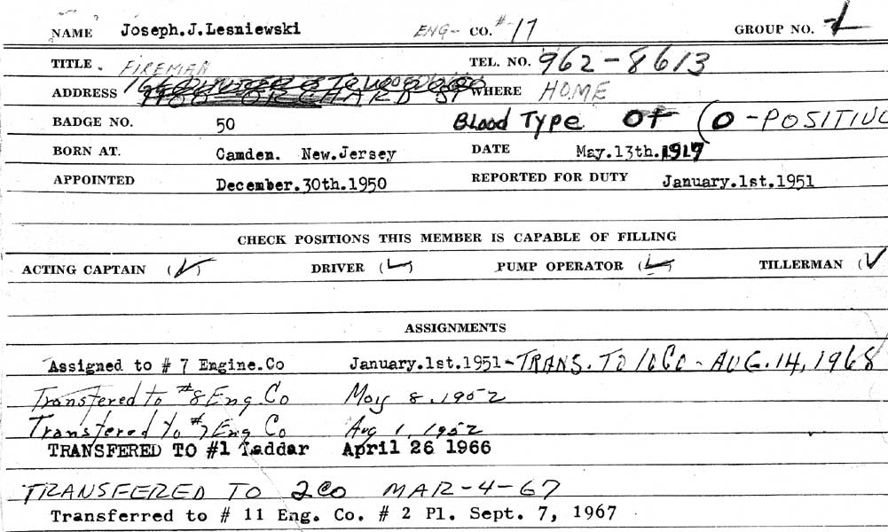 Joseph J. Lesniewski fire department assignment card