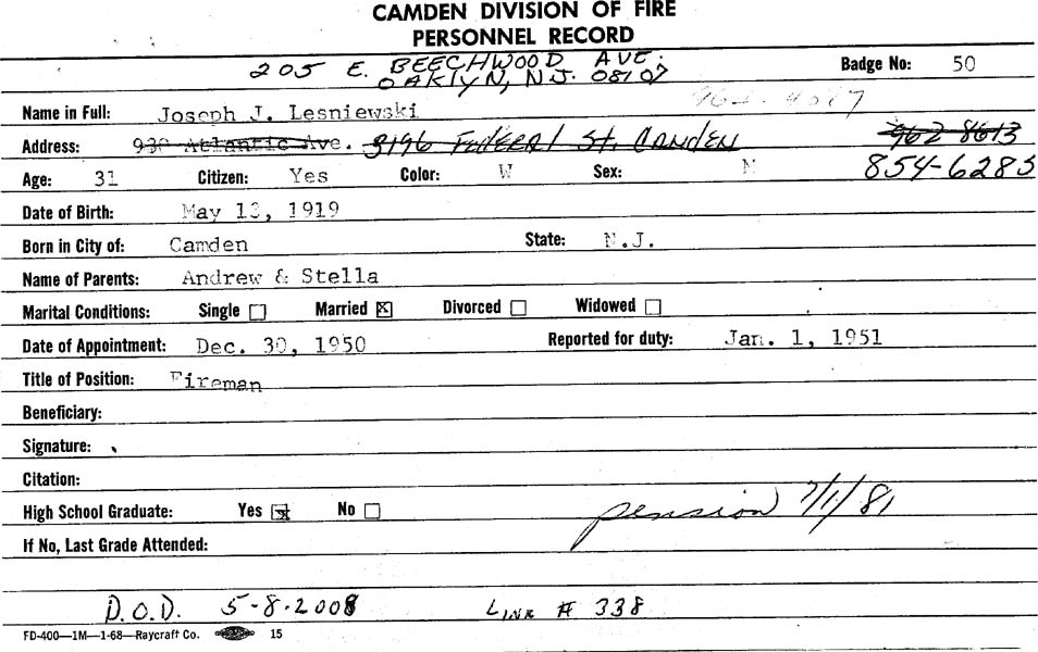 Joseph J. Lesniewski Camden Division of Fire personnel record