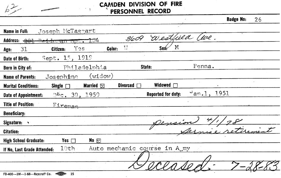 Camden Division of Fire Personnel Record — Joseph McTaggart