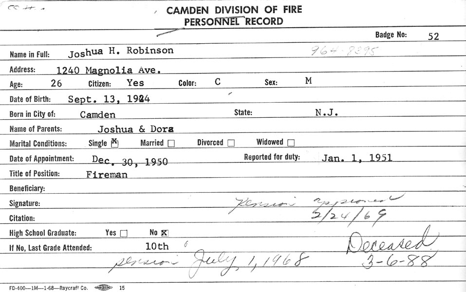 Joshua H. Robinson fire department record card