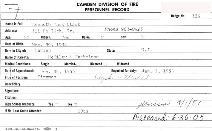 Kenneth Mark Clark — Camden Fire Department Personnel Record