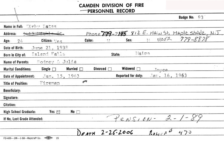 Kirby Bates — Camden Division of Fire Personnel Record