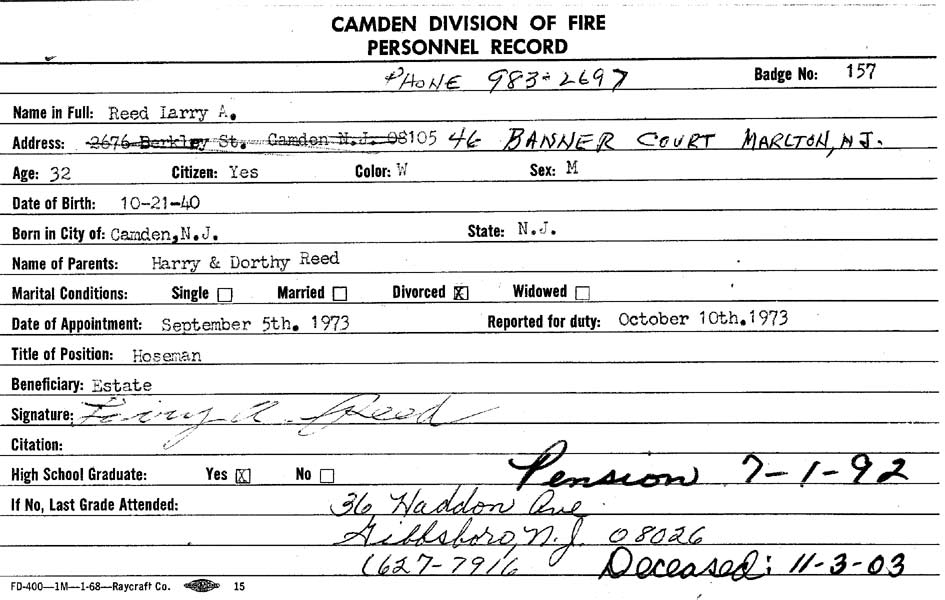 Larry Reed personnel card