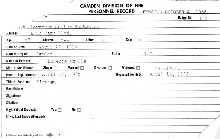 Camden Fire Department personnel record for Lawrence W. Bunkowski