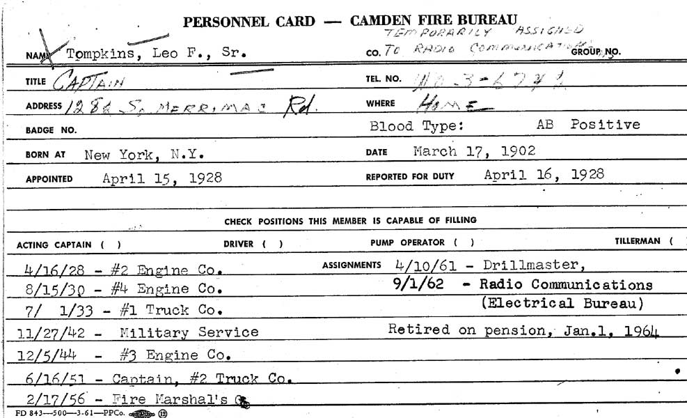 Camden Fire Department personnel record for Leo J. Tompkins Sr., card 1