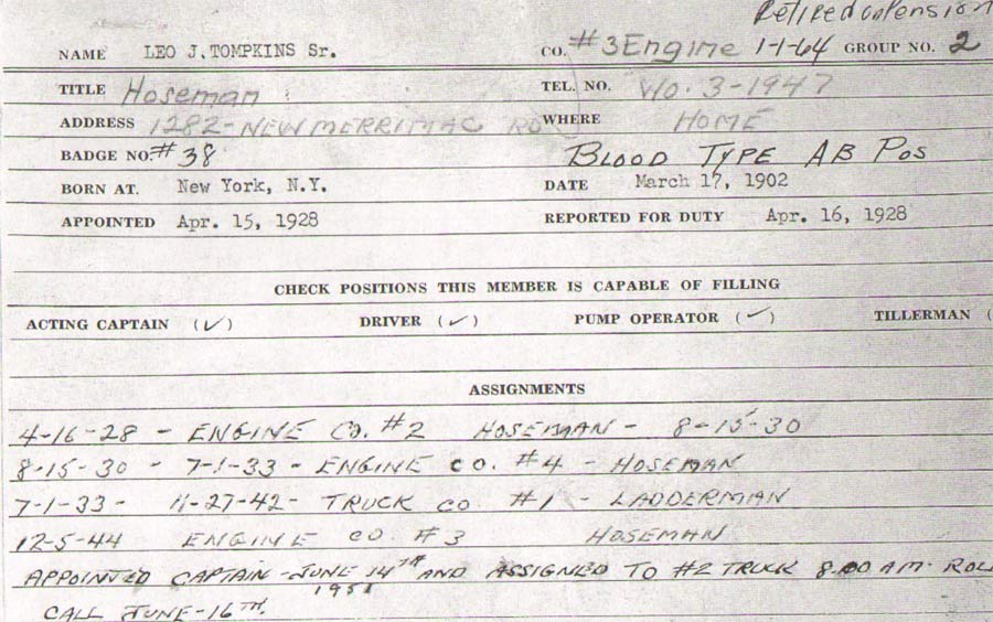 Camden Fire Department personnel record for Leo J. Tompkins Sr., card 2